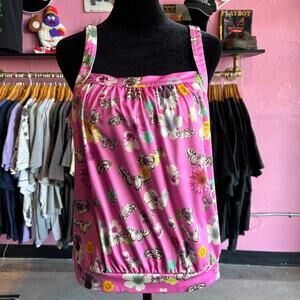 Vintage Y2K Daisy Butterflies All Over Print Pink Top Size M